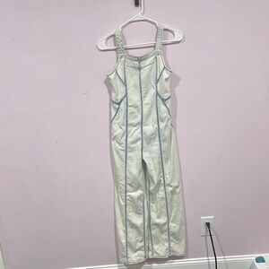 White Denim Overalls with Blue Stitching
